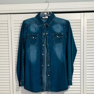 Denim Long Sleeve Snap Button Down Collar Shirt, Never Worn, XL